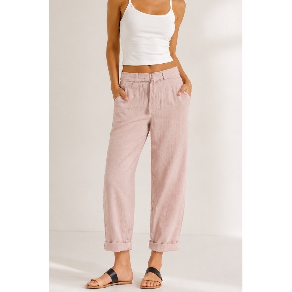 Vince Peony Linen Blend Belted Tapered Pants Large Blush Pink‎ $245